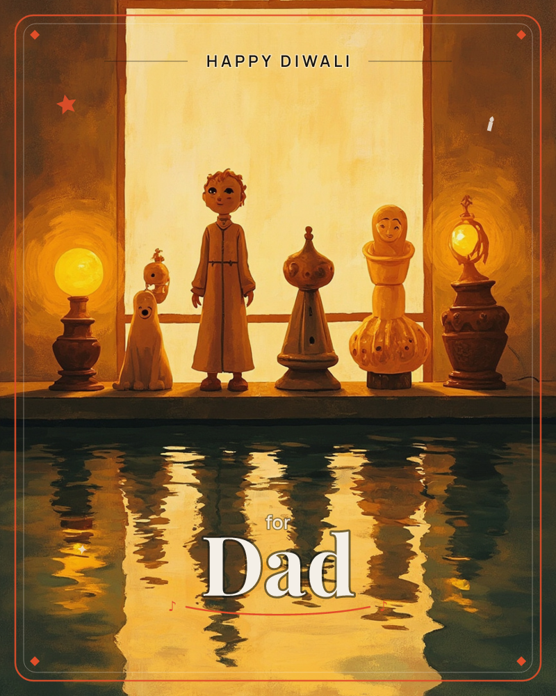 A small child-like figure stands on a wooden ledge beside a dog and a row of carved lamp-like ornaments, all glowing amber before a tall pale window, a diwali e-card design