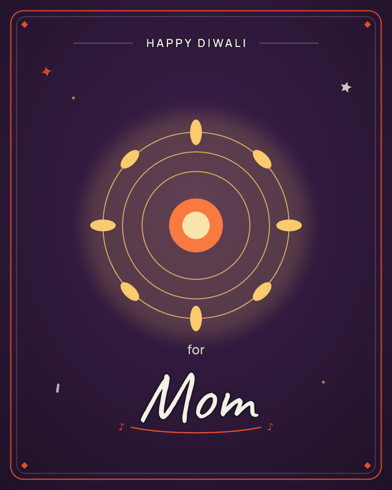 A glowing orange core sits at the centre of two thin concentric rings, orbited by small golden petal-shaped lights spaced evenly around them, all set…, a diwali e-card design by @DittyCityTeam
