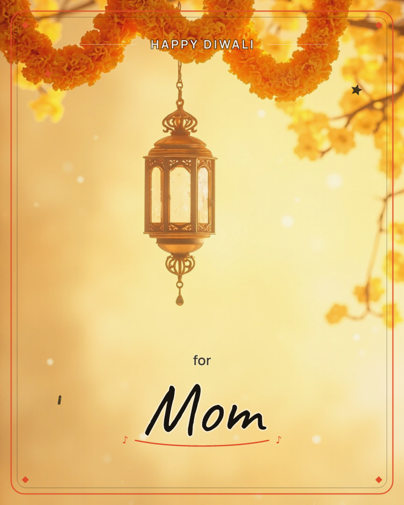 A brass lantern with glass panels hangs from a dark chain against a warm golden haze, framed above by garlands of marigold flowers and sprigs of small…, a diwali e-card design
