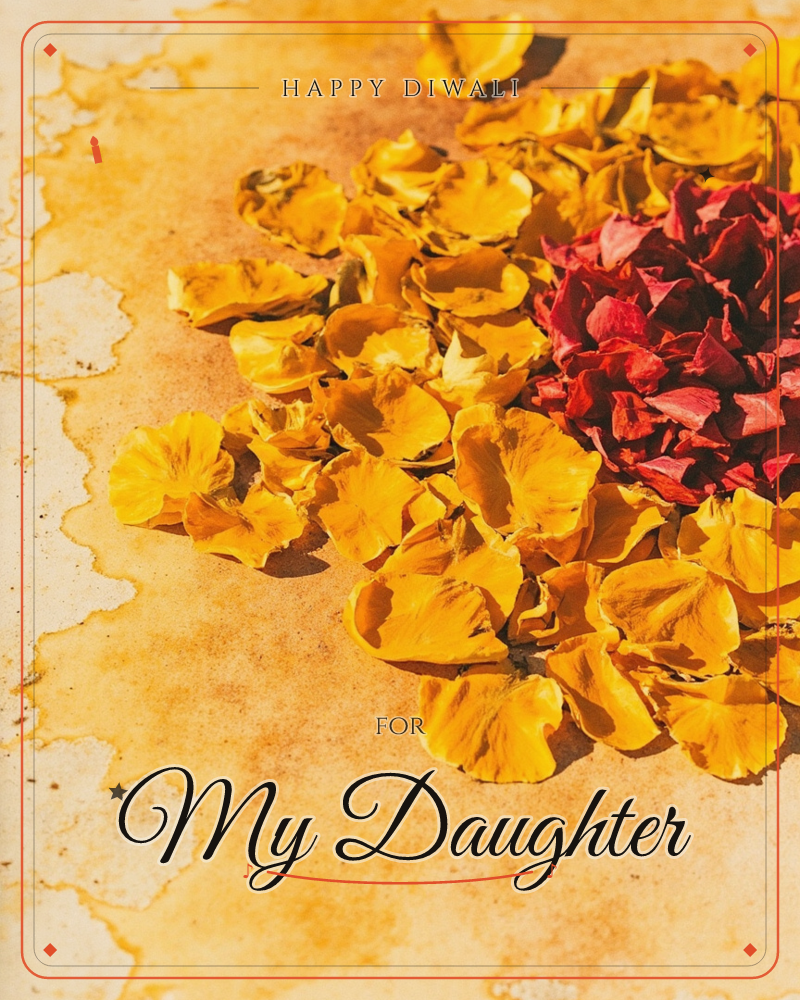 A scattered heap of golden-yellow rose petals spills across a sun-bleached, water-stained surface, with a small cluster of deep crimson petals nestled…, a diwali e-card design