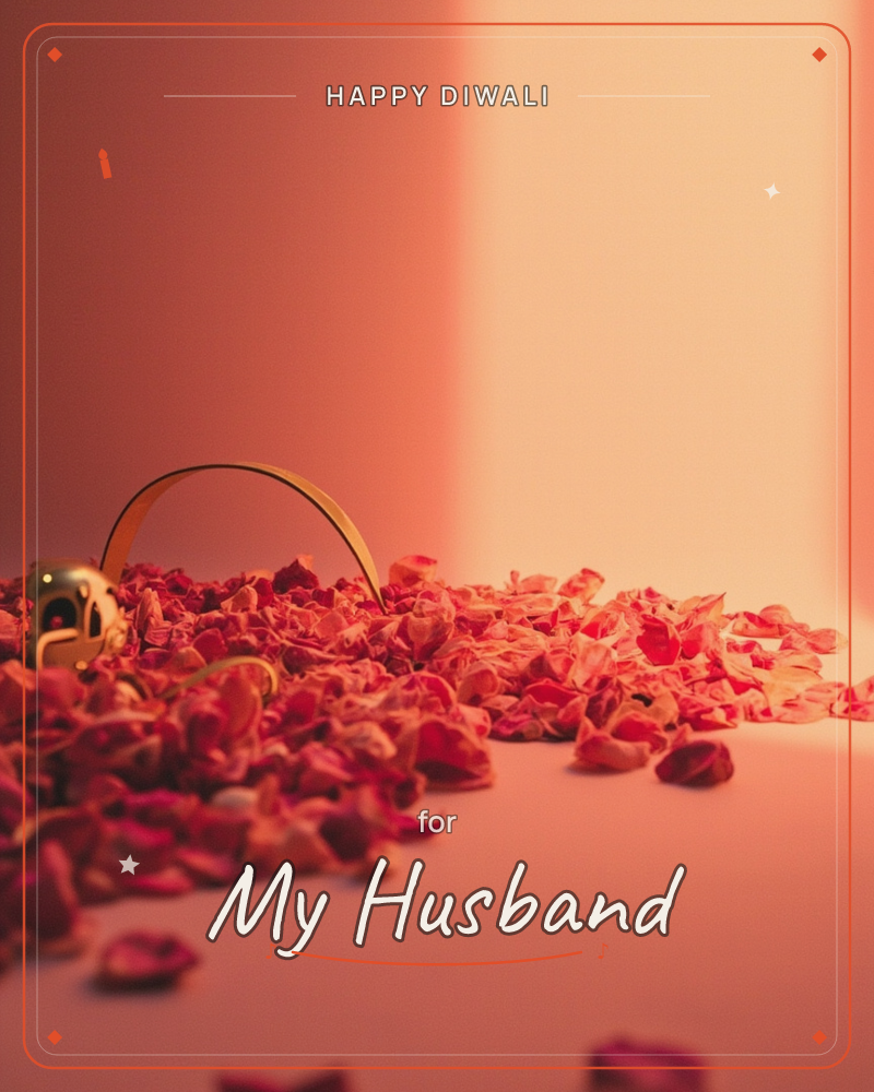 A drift of dried rose petals spills across a plain surface, glowing under warm rose-toned light with soft vertical shadows behind, a diwali e-card design