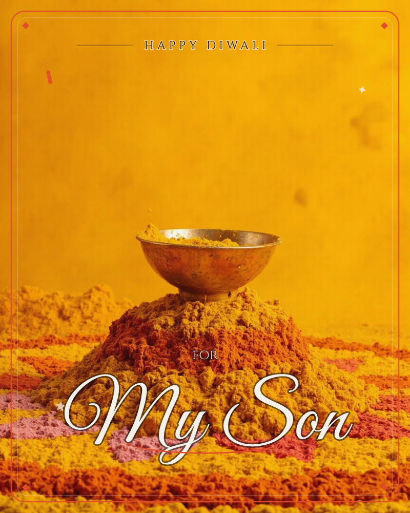 A small brass bowl sits balanced atop a mound of turmeric-yellow spice powder, with streaks of rust-orange and dusty pink dye running through the pile…, a diwali e-card design