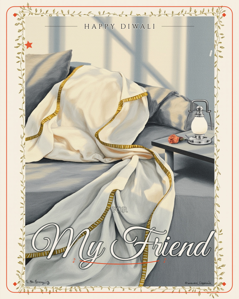A rumpled bed sits bathed in slatted morning light, its cream sheets and blanket trimmed in gold cord tossed loosely over grey-blue pillows, a diwali e-card design