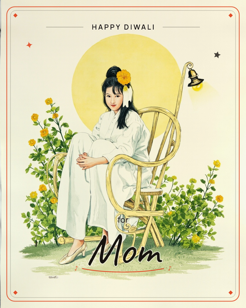 A young woman in a flowing white robe sits curled in a bamboo rocking chair, hands clasped over her knees, with an orange flower tucked into her dark…, a diwali e-card design