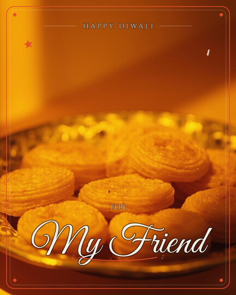 A close-up photograph of round, layered pastry sweets piled on an ornate metal plate, bathed entirely in warm golden-orange light, a diwali e-card design