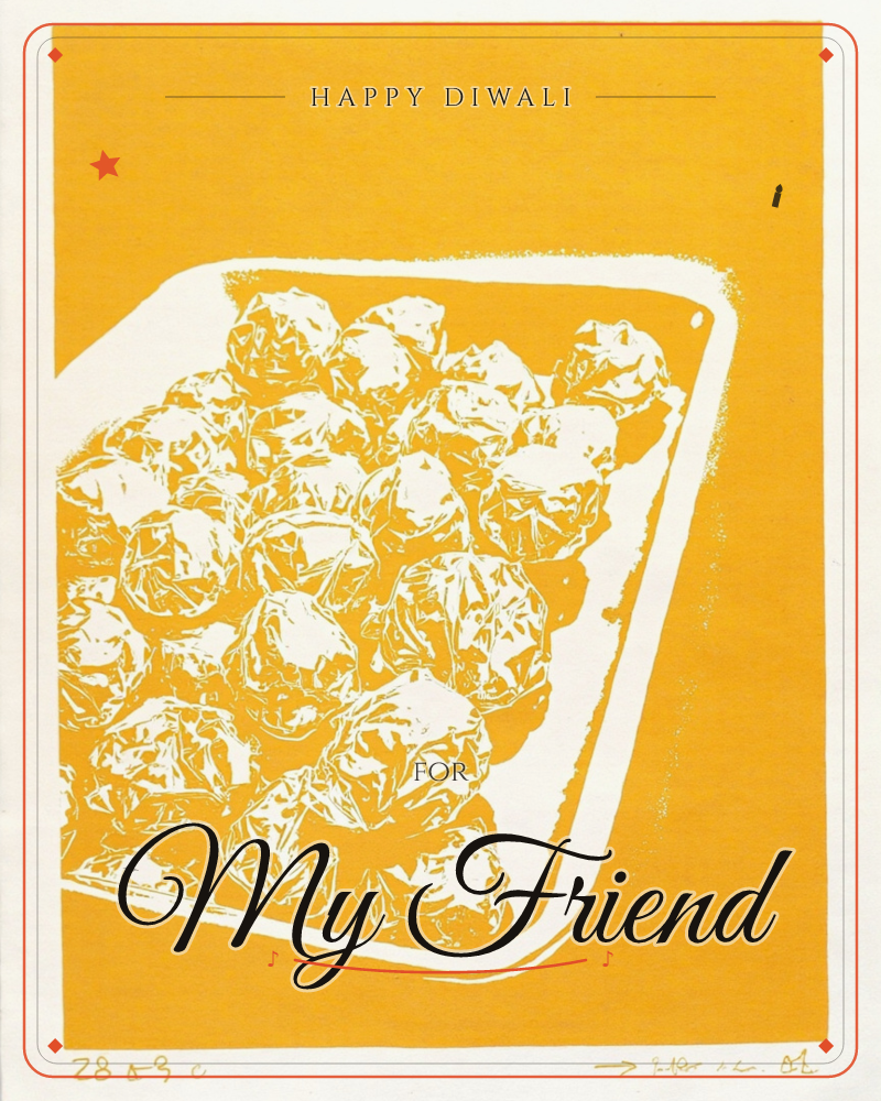 A bold woodblock-style print shows a tray of dumplings or wrapped buns rendered in stark white against a bright marigold-yellow background, a diwali e-card design