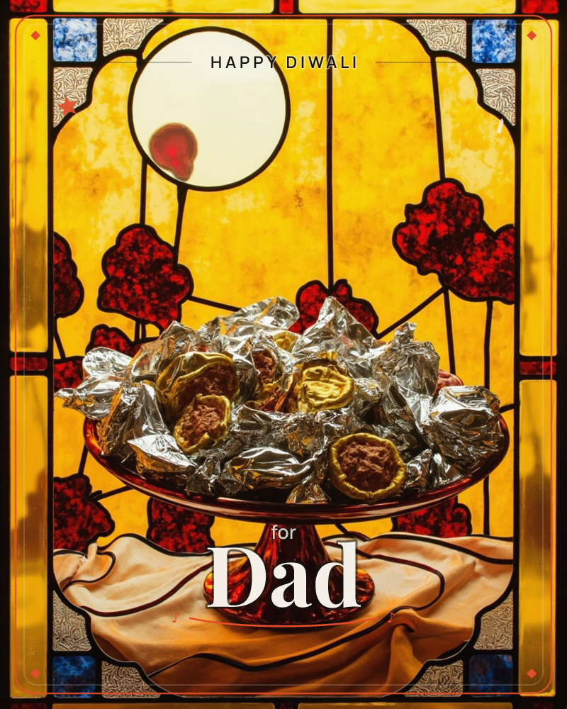 A pedestal dish piled high with foil-wrapped chocolates sits before a stained-glass window glowing amber and gold, with a pale moon and rows of…, a diwali e-card design