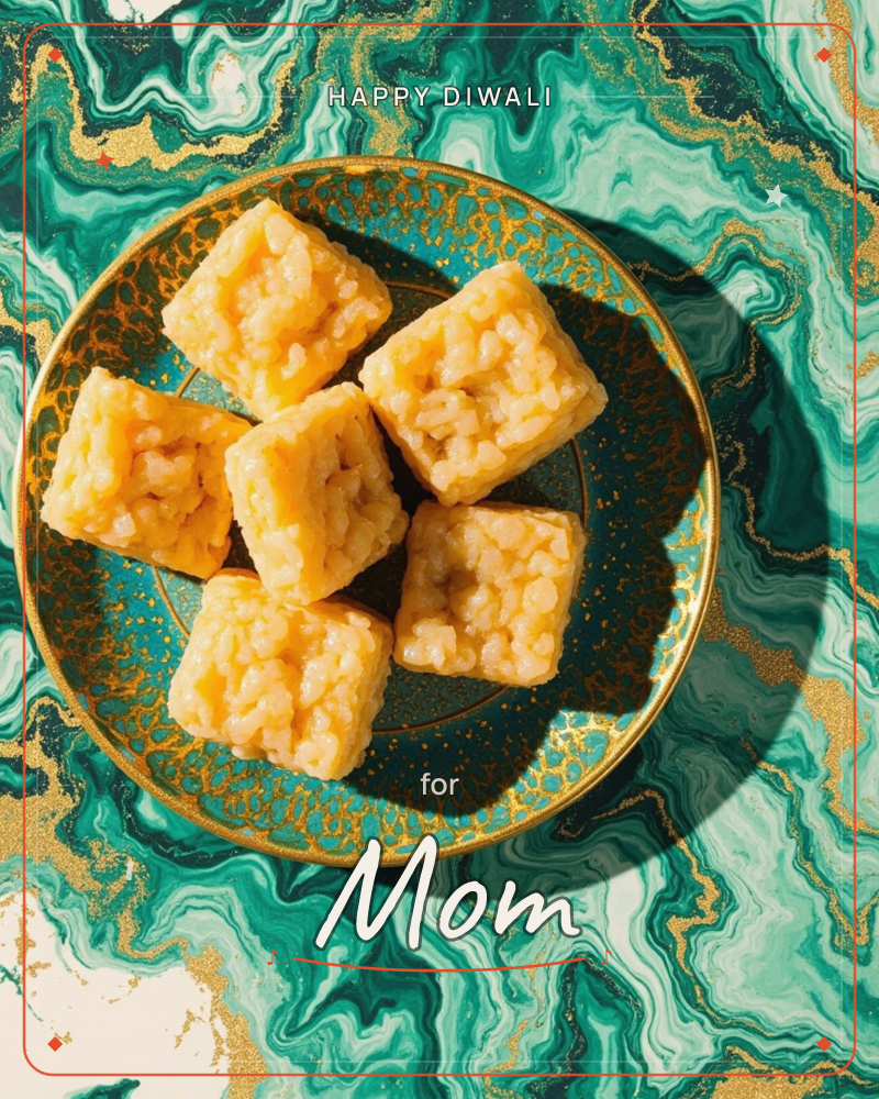 A round plate speckled with gold sits on a swirling emerald and jade marbled surface, holding six golden squares of rice pudding arranged in a neat…, a diwali e-card design