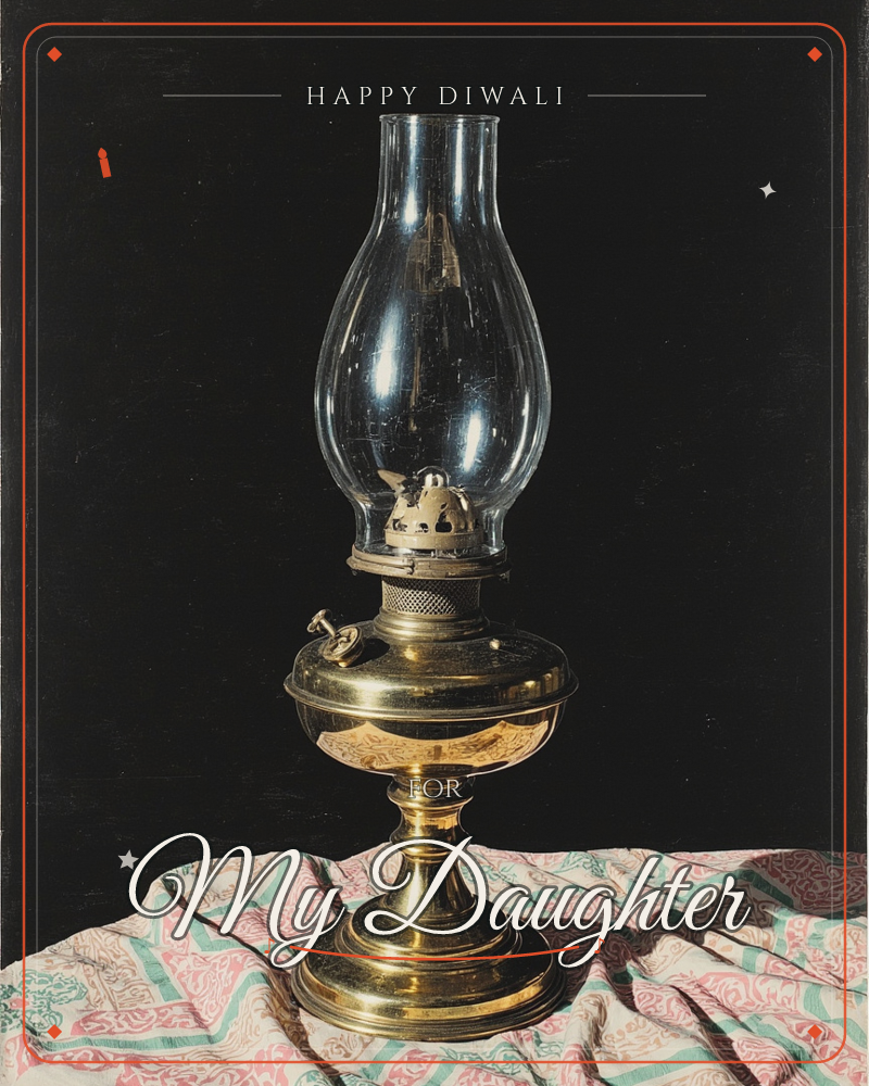 An antique brass oil lamp stands on a rumpled patterned cloth against a deep black background, its glass chimney catching soft highlights above the…, a diwali e-card design