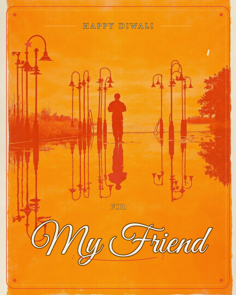 A lone figure stands on a flooded walkway lined with old-fashioned lampposts, everything rendered in a single burning orange tone, a diwali e-card design