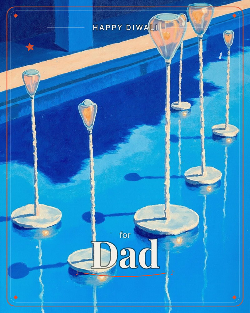 A row of glowing lamp-like buoys floats on the deep blue surface of a swimming pool, each perched on a pale round base with a warm amber light glowing…, a diwali e-card design