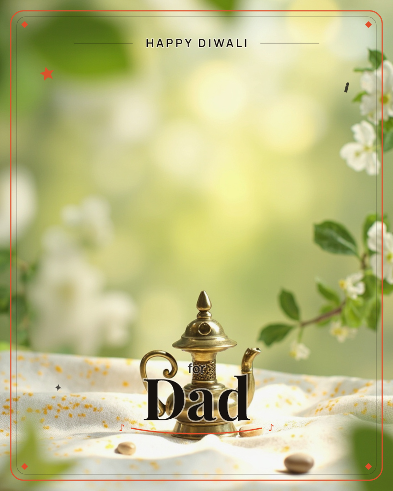 A small brass teapot with an ornate curved handle and pointed lid sits on a speckled cream cloth, scattered with a few pale beans or seeds, a diwali e-card design