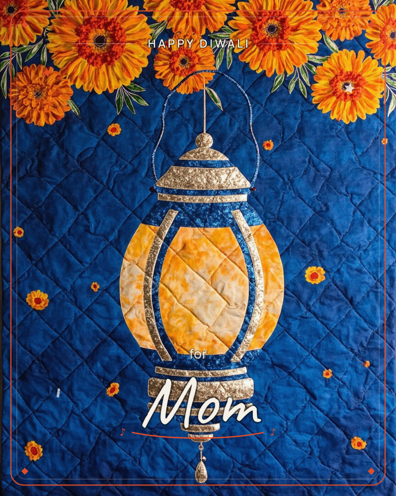 A quilted textile illustration shows an ornate gold and blue lantern glowing with warm amber panels, hung against a deep navy quilted background…, a diwali e-card design