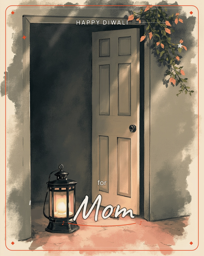 A half-open panelled door stands in shadow, its frame softened by trailing leaves and small orange blossoms spilling from above, a diwali e-card design