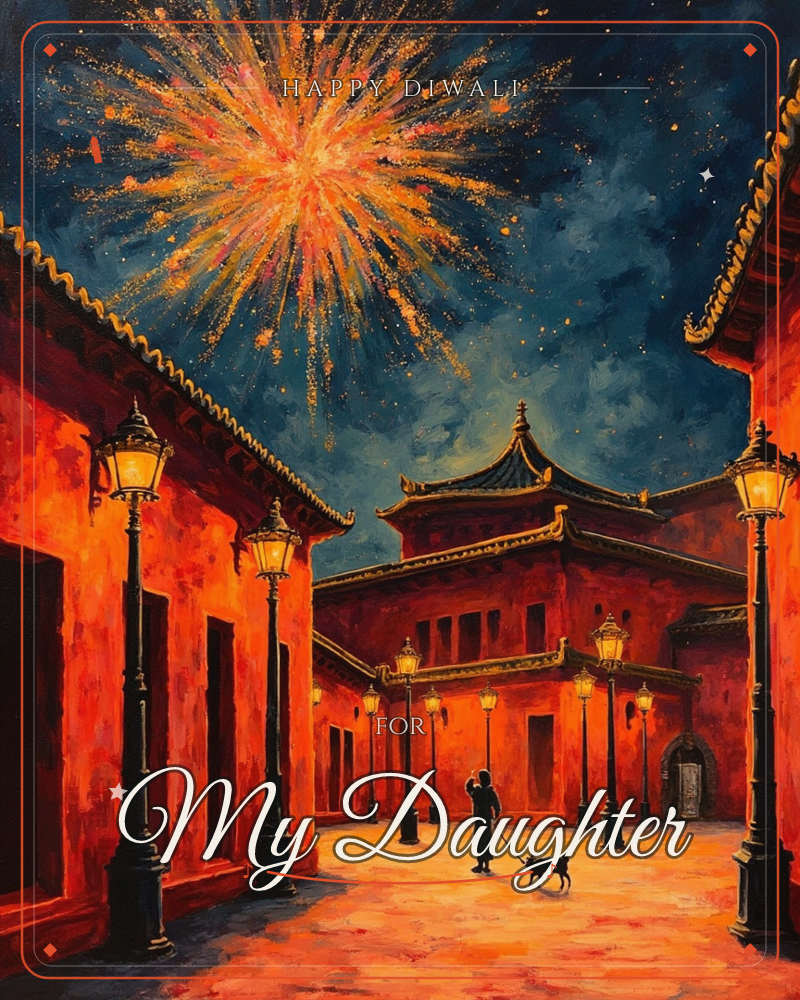 A painted courtyard glows deep red beneath a burst of golden fireworks, lantern-lined walls and a pagoda roofline framing the night, a diwali e-card design