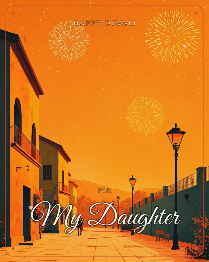 A warm terracotta street glows under a burnt-orange sky as three white fireworks burst overhead, a diwali e-card design