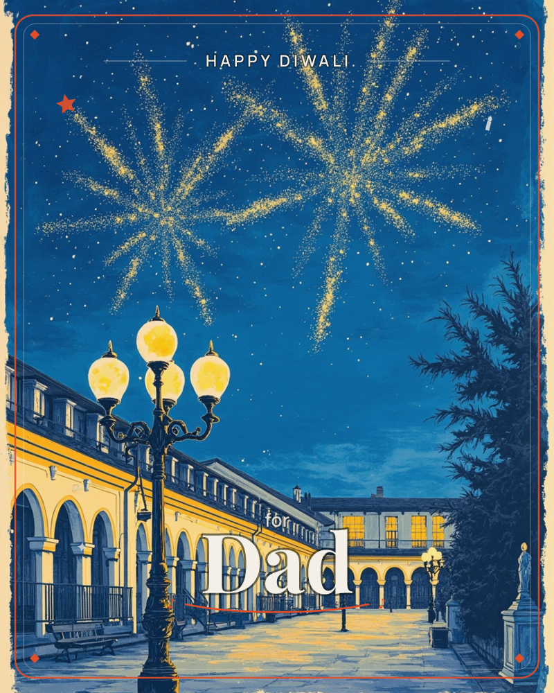 A quiet arcaded courtyard glows under a deep starry sky, its lamplight spilling gold across the stone walkway, a diwali e-card design