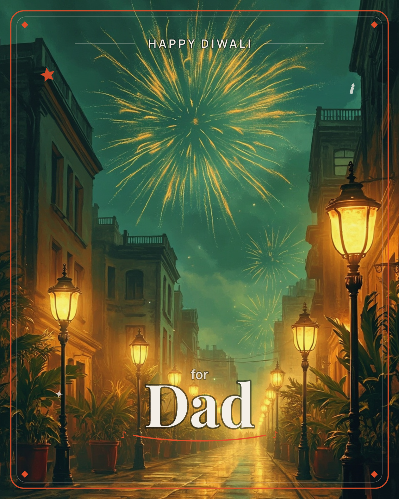 A narrow cobbled street stretches between old townhouses, lined with glowing lamp posts and potted plants, as golden fireworks burst overhead in a deep…, a diwali e-card design