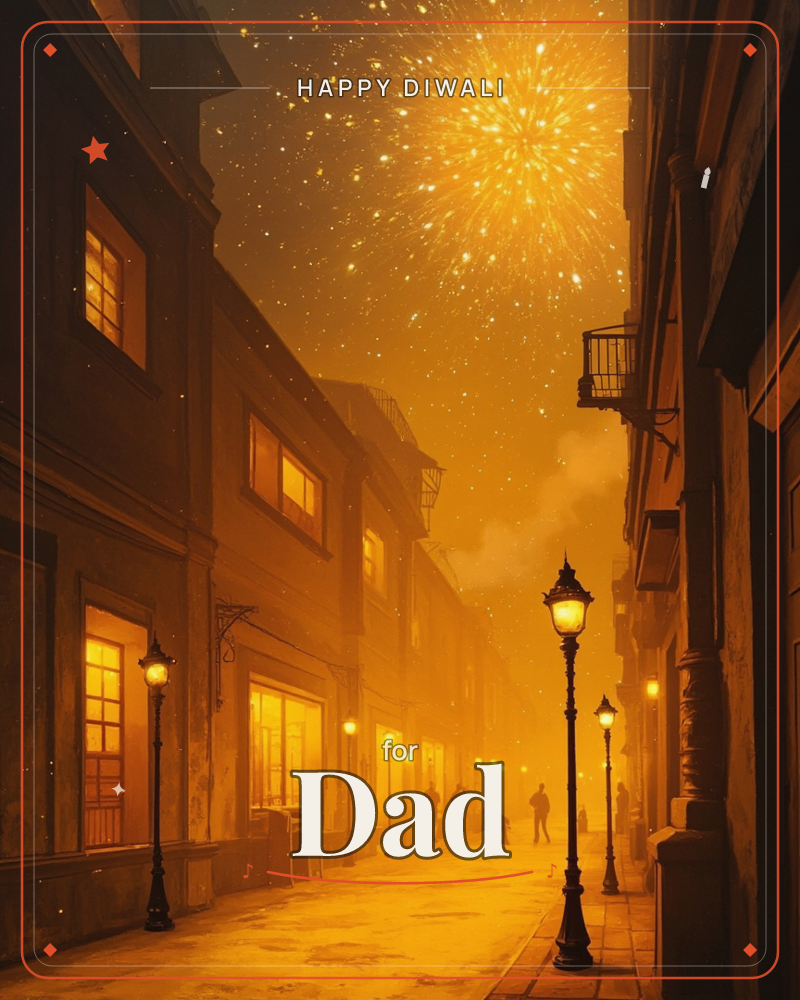 A narrow old-town street glows amber at night, lit by rows of ornate lampposts and warm window light spilling from stone buildings, a diwali e-card design