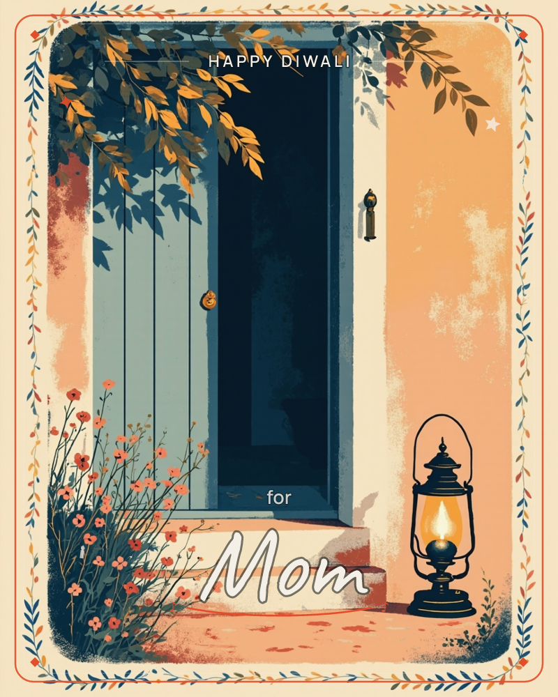 A slate-blue front door stands open into soft darkness, framed by a peach stucco wall and autumn branches spilling gold and rust leaves overhead, a diwali e-card design