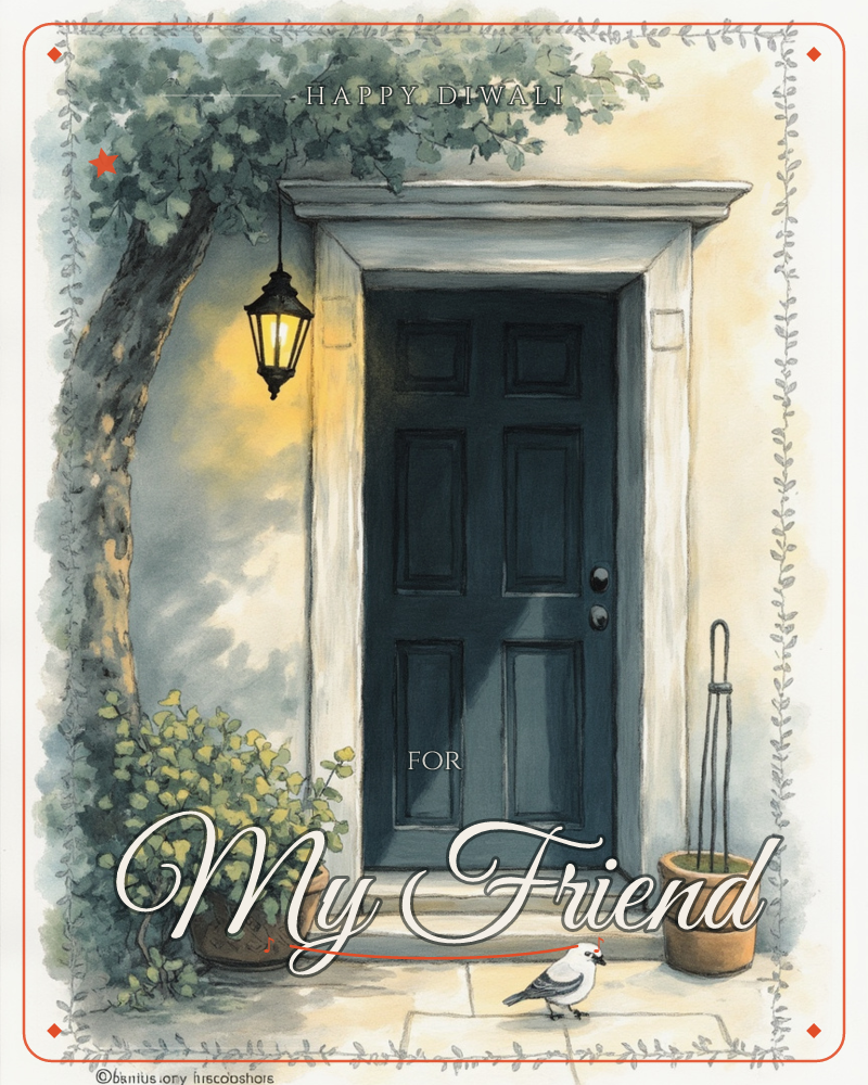 A navy front door sits framed in white trim beneath a leafy tree, with a glowing lantern hanging just above the entrance, a diwali e-card design