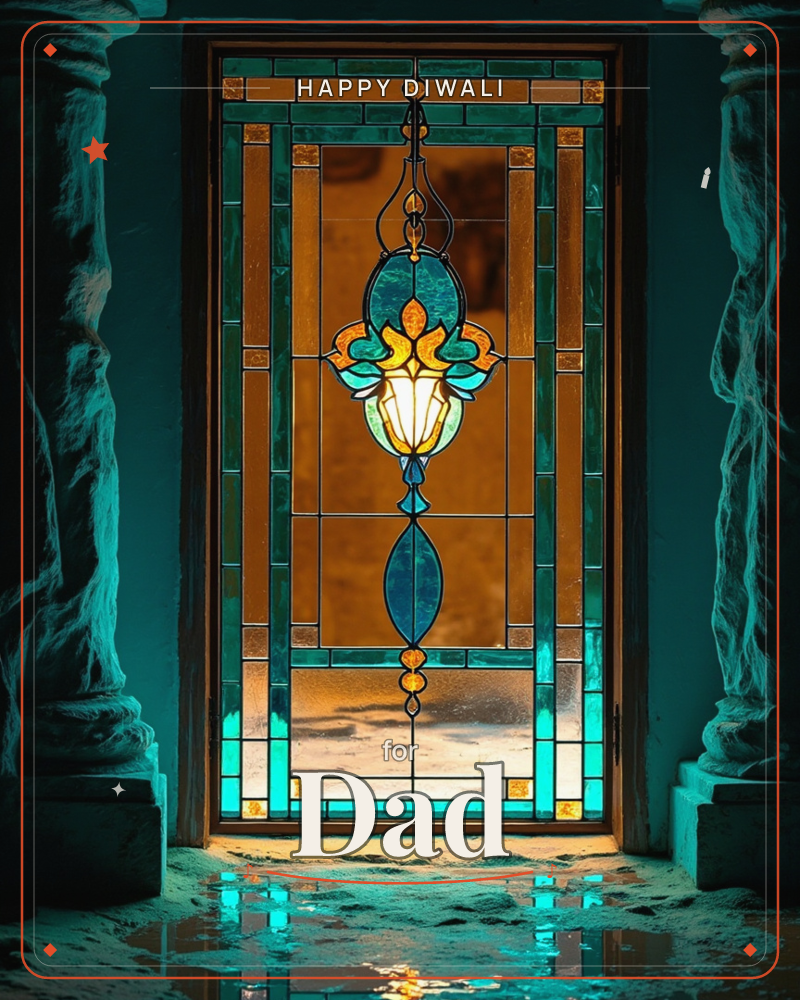 A stained glass window glows amber and turquoise, framed by weathered stone columns and set into a shadowed doorway, a diwali e-card design