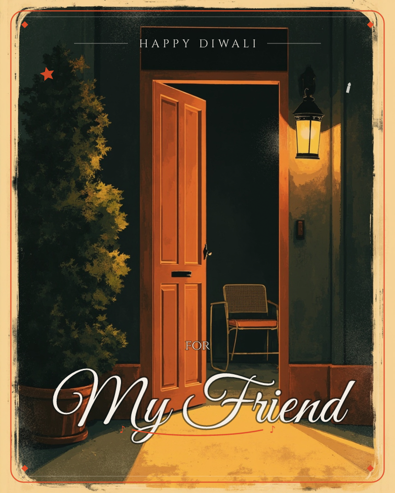 A front door stands open at night, spilling warm golden light across the entryway floor and onto a potted evergreen beside it, a diwali e-card design