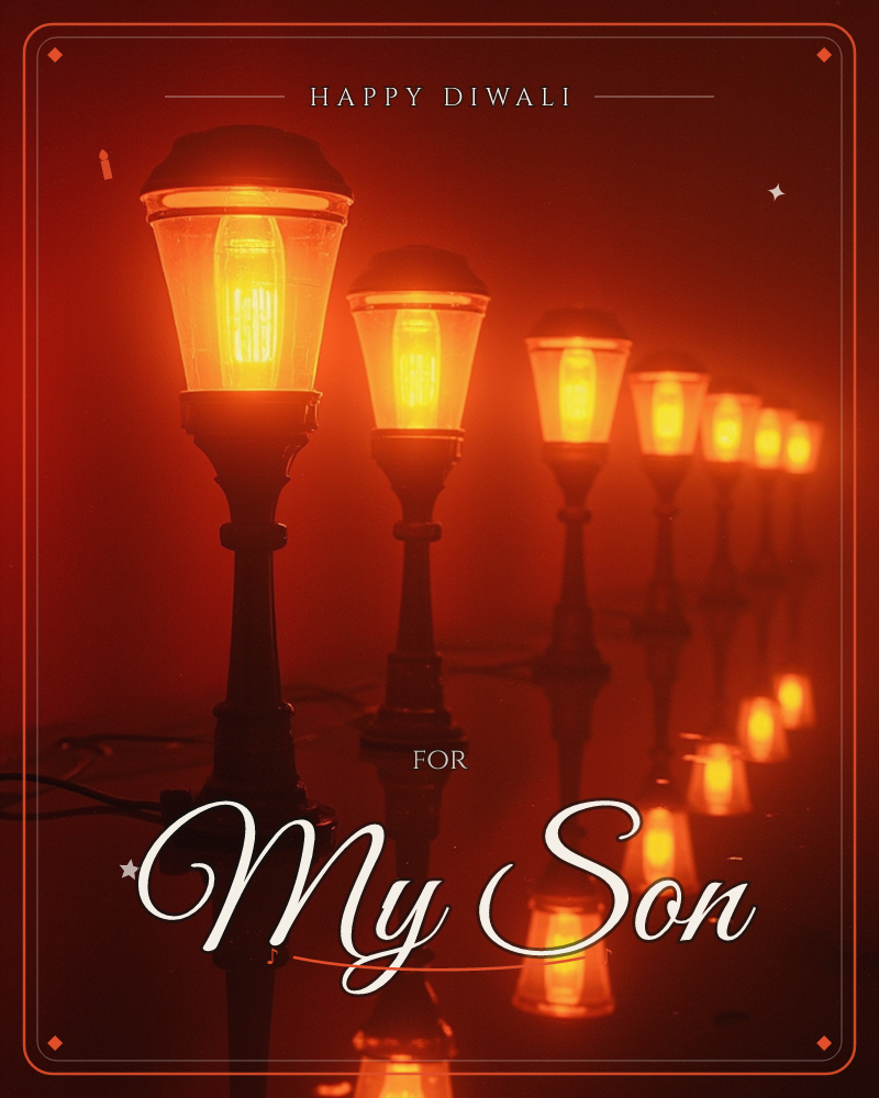 A row of small ornamental lampposts glows with warm amber bulbs, receding into a smoky red haze on a glassy dark surface that mirrors each flame-like…, a diwali e-card design