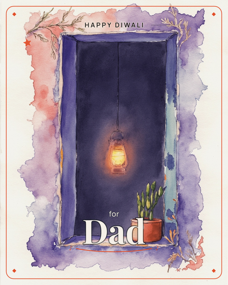 A watercolour painting of a deep blue doorway or window frame, glowing warmly from within where a lit lantern hangs, a diwali e-card design