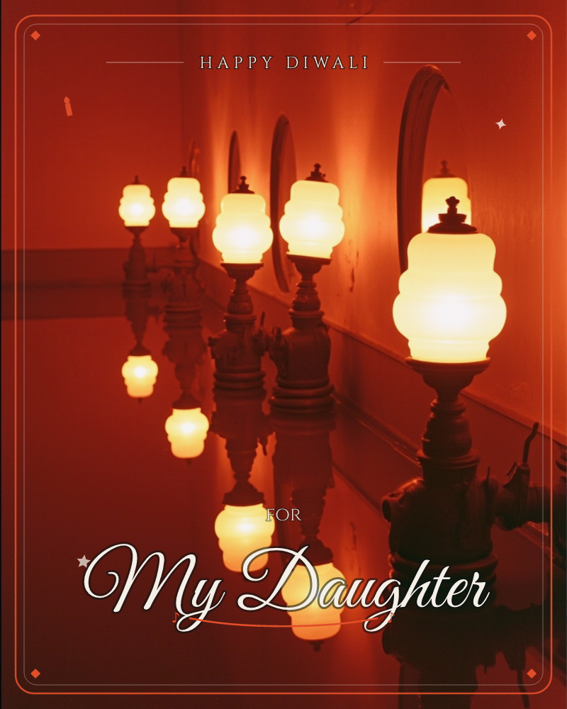 A row of glowing lantern-shaped lamps lines a deep red hallway, their warm ivory light reflected in a polished floor below, a diwali e-card design