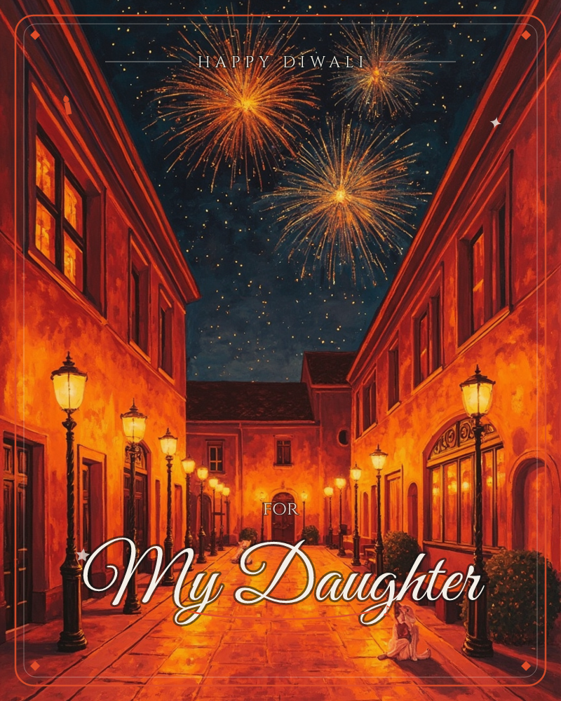 A narrow cobbled street glows amber under rows of lit lanterns, its old stone buildings warmed by golden light against a deep starry sky, a diwali e-card design