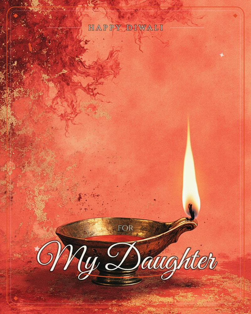A traditional brass oil lamp sits against a deep red backdrop, its single wick burning with a tall, steady flame, a diwali e-card design