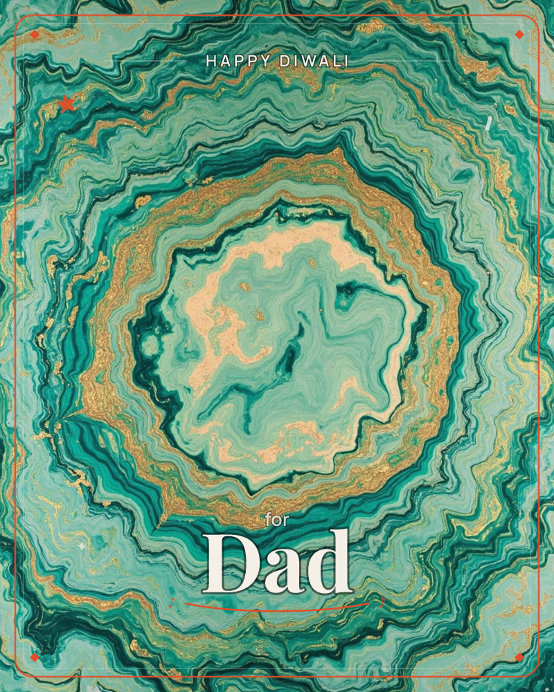 A geode-like ring of marbled bands spirals inward, teal and emerald swirls threaded with fine gold veins circling a pale creamy centre, a diwali e-card design