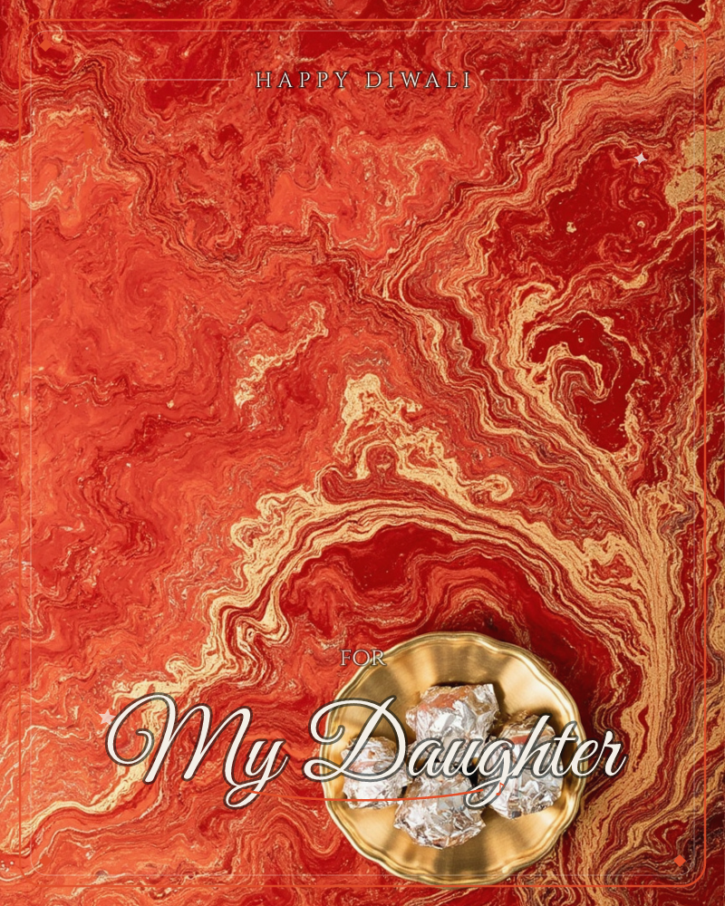 A swirling red and gold marbled background flows like molten lava across the card, with a small brass dish tucked in the lower right holding silver…, a diwali e-card design