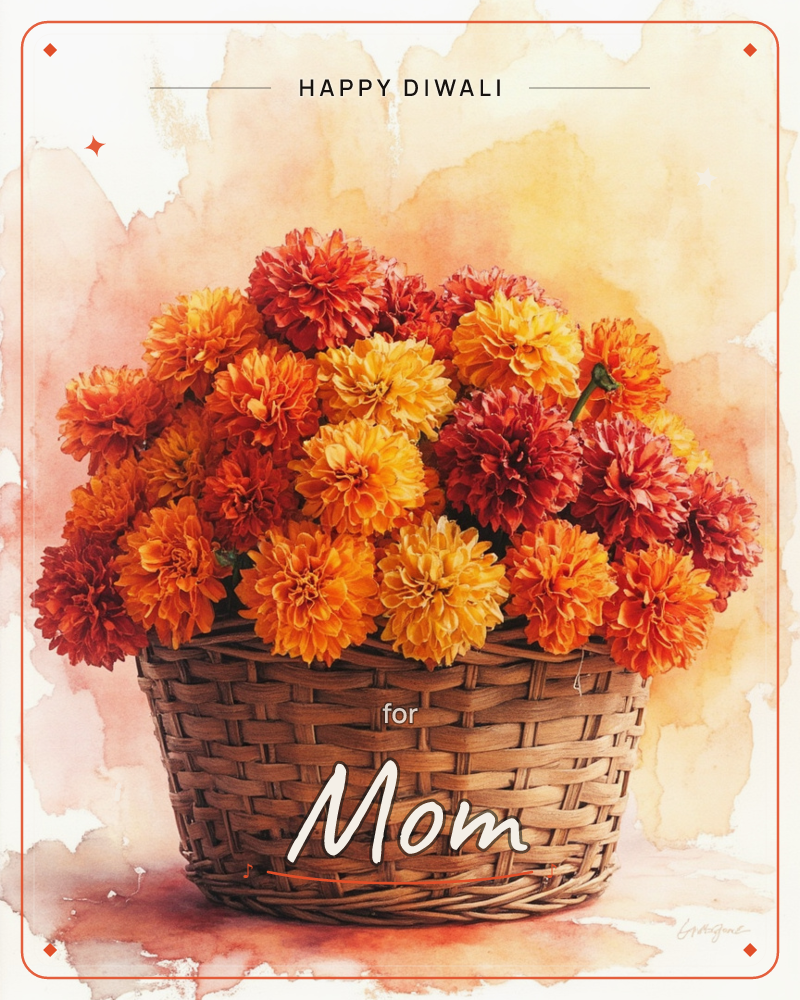A woven wicker basket overflows with ruffled marigolds in shades of gold, orange, and deep rust red, a diwali e-card design