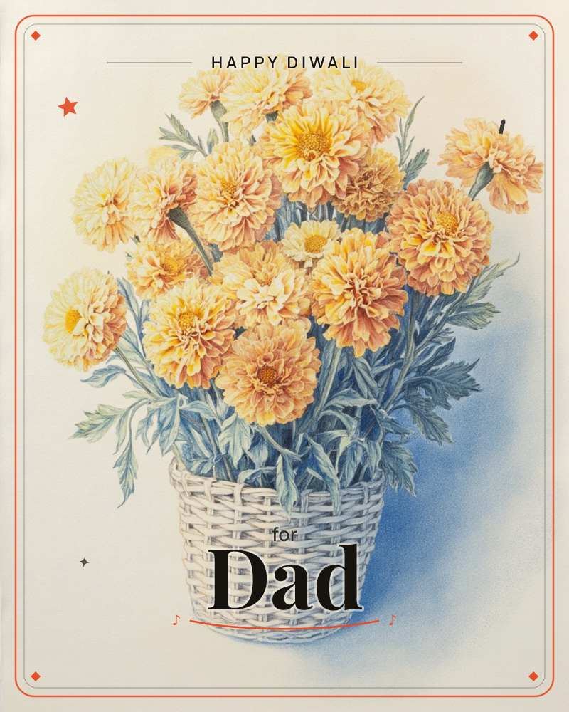 A woven wicker basket overflows with ruffled marigolds in shades of gold, apricot and cream, their feathery green-grey foliage tucked between the blooms, a diwali e-card design