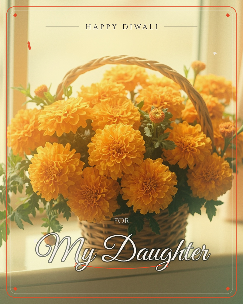 A woven wicker basket brimming with double-bloomed orange marigolds sits on a sunlit windowsill, their ruffled petals catching a warm, hazy glow from…, a diwali e-card design