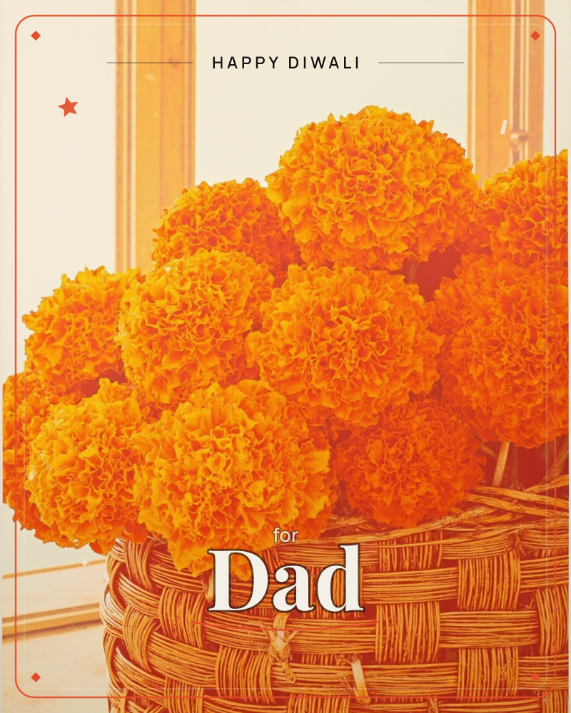 A woven wicker basket overflows with a dense cluster of ruffled marigold blooms, their bright orange petals catching warm indoor light from a window…, a diwali e-card design