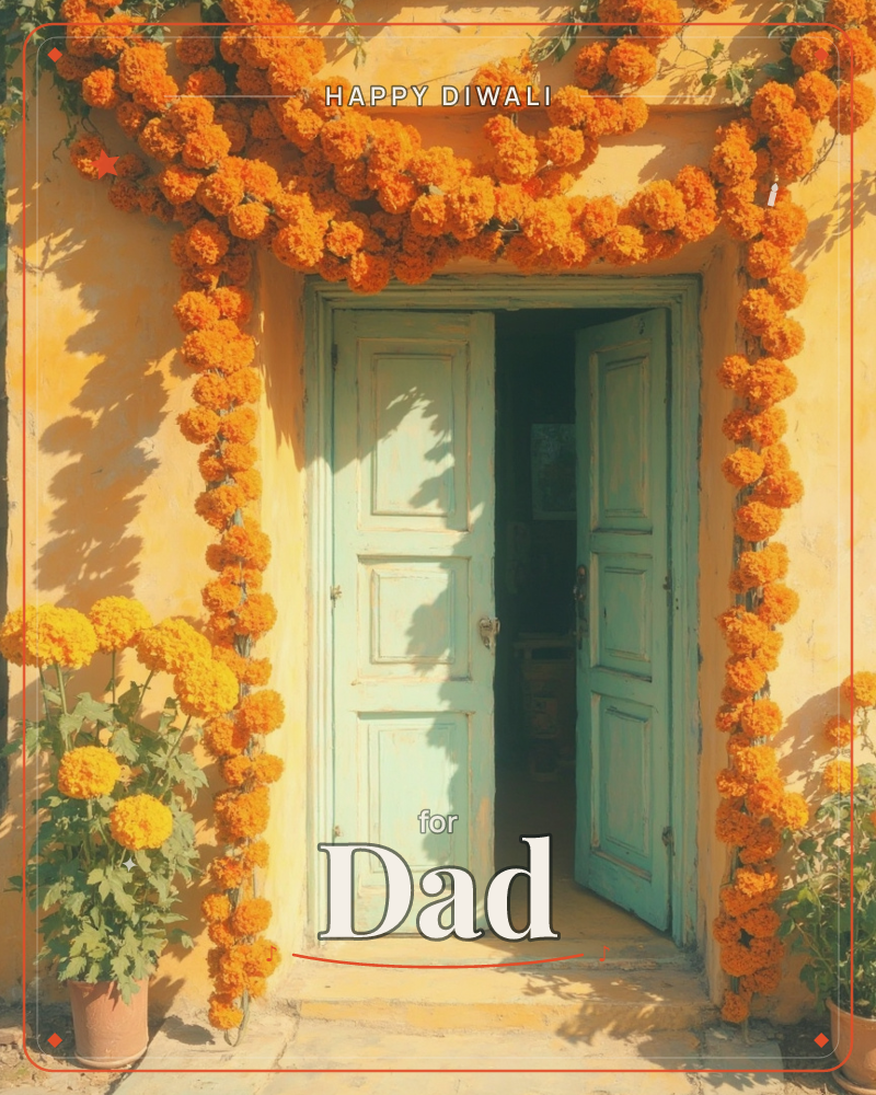A weathered turquoise door stands open in a sun-washed yellow wall, framed by garlands of marigolds strung in looping arcs overhead and down the sides, a diwali e-card design
