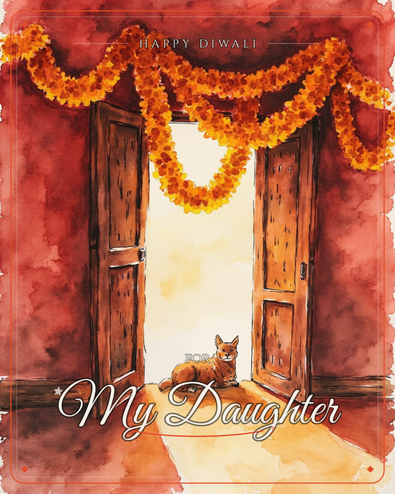 An open wooden doorway is draped with swags of marigold flowers against a deep red wall, warm light spilling in from outside, a diwali e-card design