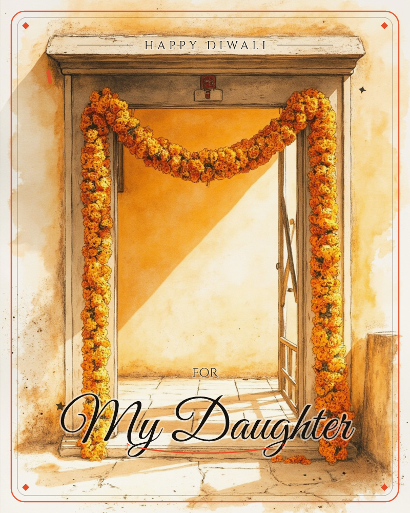 A doorway framed in marigold garlands, the blossoms draped in a swag over the top and trailing down each side to the stone floor, a diwali e-card design