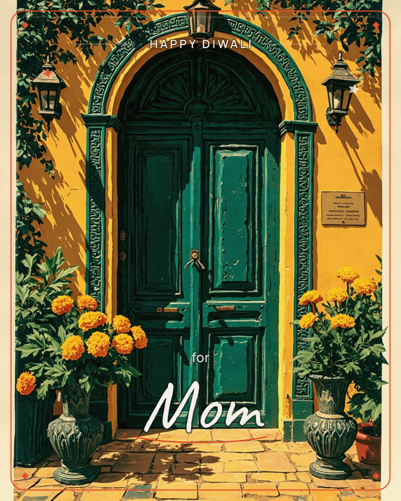 A weathered teal double door sits beneath an arched, patterned frame set into a sun-drenched mustard-yellow wall, flanked by hanging lanterns and…, a diwali e-card design