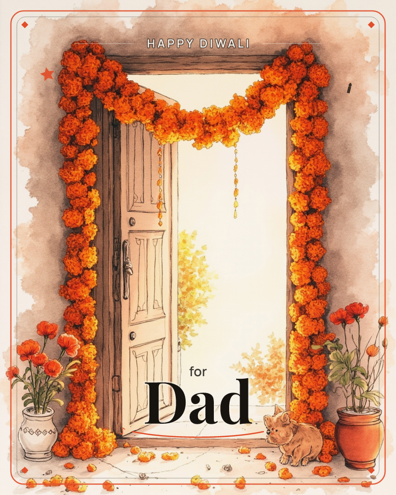 A wooden door stands open, framed by a thick garland of orange and yellow marigolds draped across the top and down both sides, a diwali e-card design