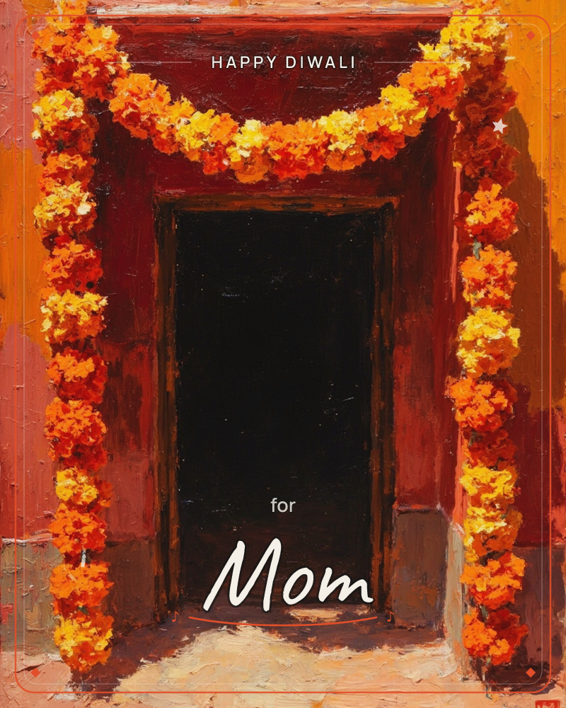 A dark open doorway set into a weathered red-and-ochre wall is framed by a thick garland of marigold flowers, draped along the top and down both sides…, a diwali e-card design