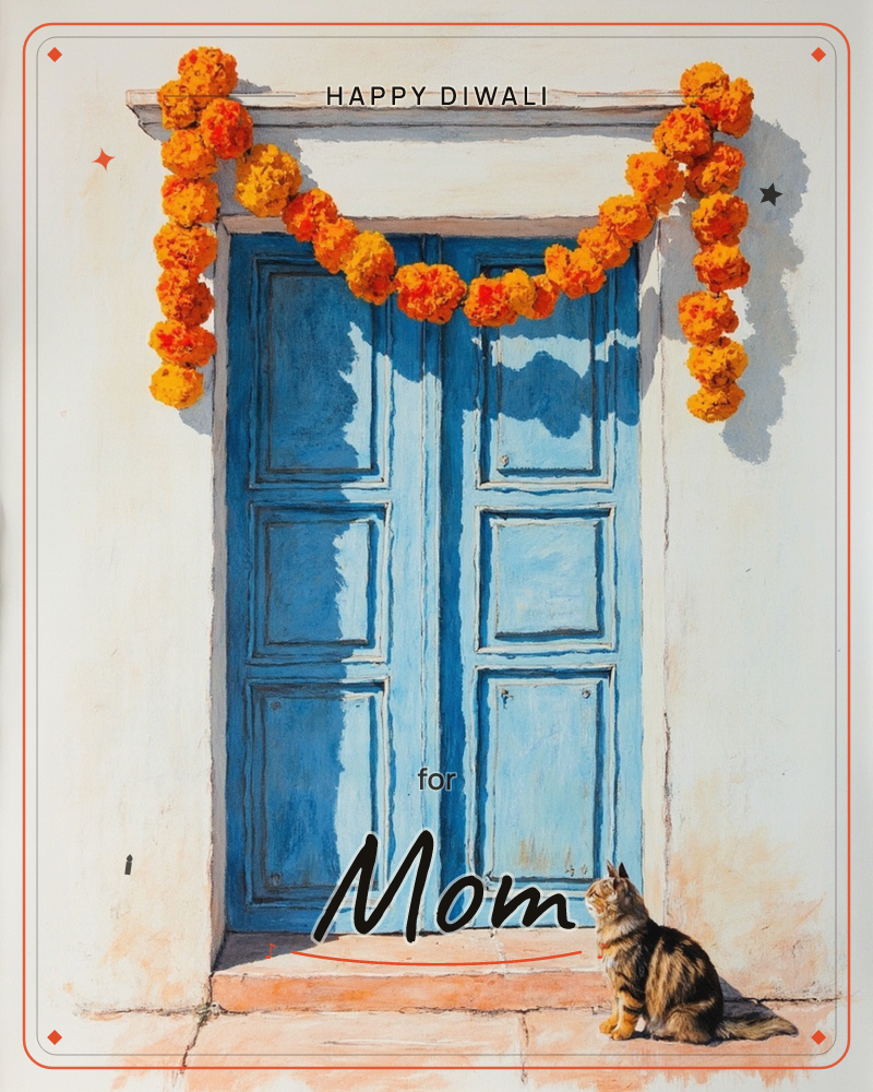 A weathered blue paneled door is draped with a garland of marigold flowers, their orange and yellow blooms strung in loose loops across the whitewashed…, a diwali e-card design