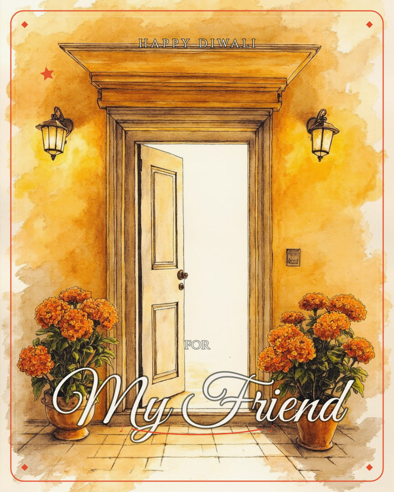 A wooden front door stands open onto bright white light, framed by a warm golden archway and flanked by two lantern sconces, a diwali e-card design