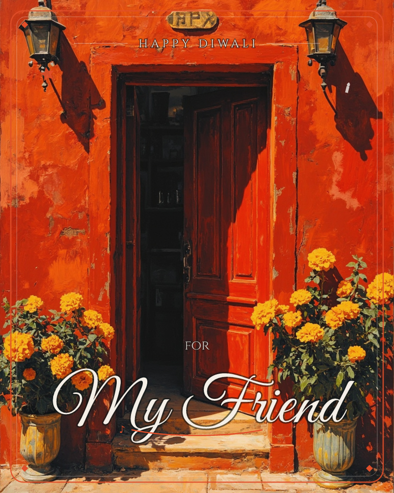 A weathered terracotta building glows in strong midday sun, its wooden door standing open just a crack to reveal a shadowy interior beyond, a diwali e-card design