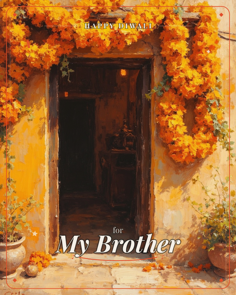 A sun-warmed doorway is framed by a cascade of orange bougainvillea spilling over the wooden lintel and down the ochre wall, with potted plants…, a diwali e-card design