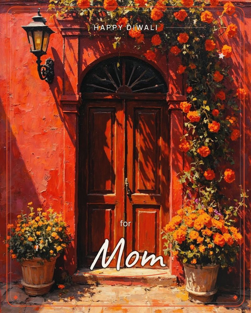 A weathered wooden door sits deep in an arched terracotta doorway, framed by a cascade of orange roses climbing the wall and two potted marigolds…, a diwali e-card design
