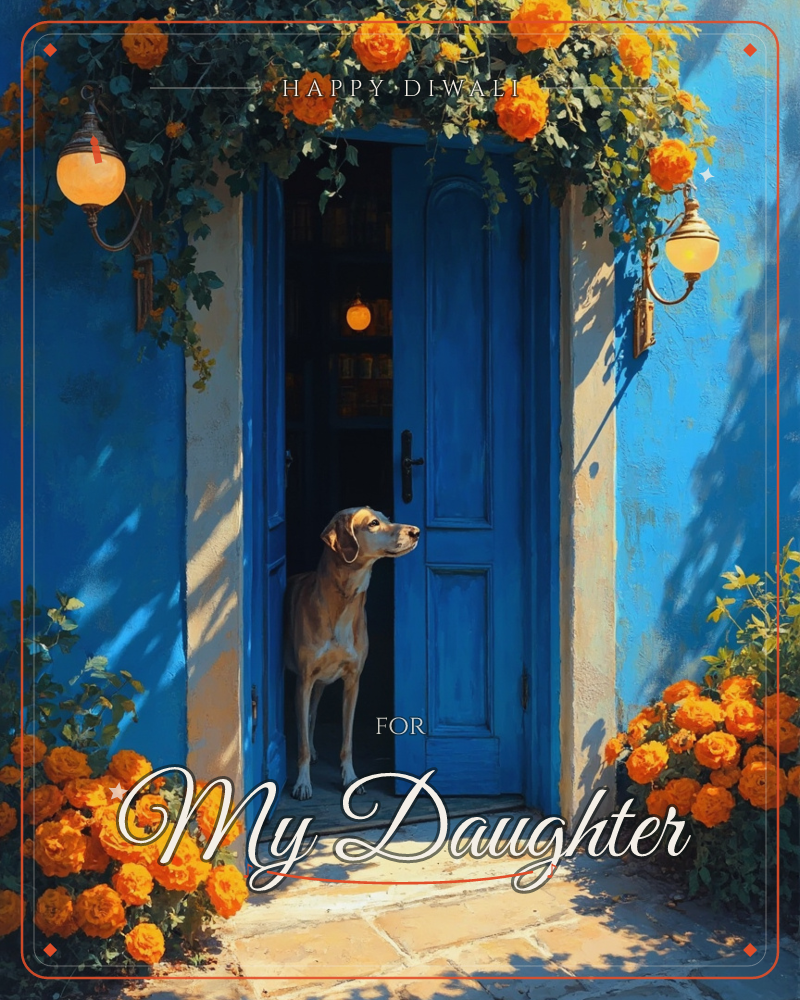 A blue-walled house with a matching blue door standing open, framed by cascades of orange marigolds and green foliage tumbling over the top, a diwali e-card design